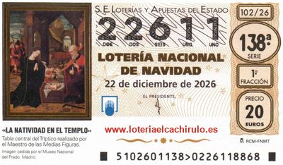Anverso del d&eacute;cimo 22611 de la Loter&iacute;a de Navidad 2026, de Xinzo de Limia (Ourense)